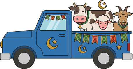 Fototapeta premium Cute Blue Truck Carrying Farm Animals with Islamic Symbols for Celebration