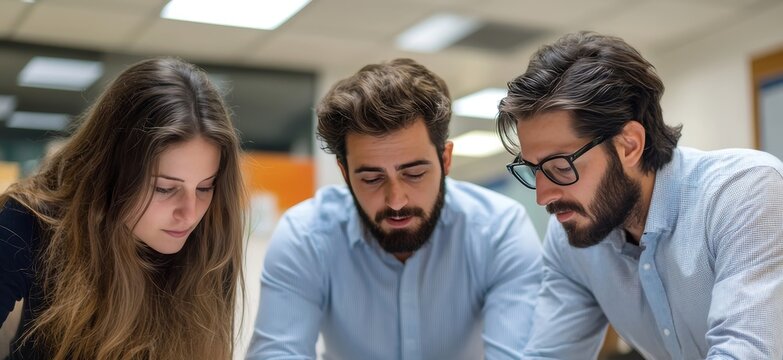 Three diverse young adults, two men and one woman, lean over a document and study it intently together.
