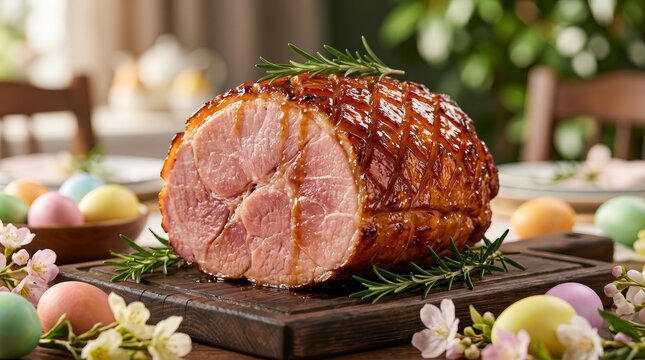 Delicious homemade Easter ham glazed and served on a festive holiday table.