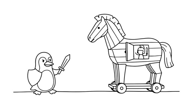 Linux penguin with sword confronting a Trojan horse toy illustration funny cartoon sketch
