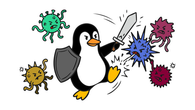 Linux penguin cartoon fighting viruses with sword and shield representing cybersecurity with Linux operating system