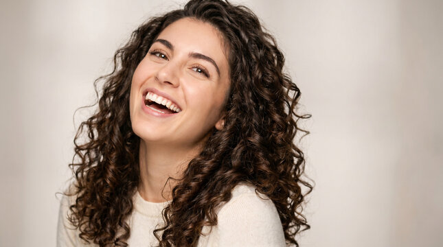Beautiful genuinely laughing young brunette woman with voluminous long curly hair. Portrait focused on hair care, professional cosmetology, make-up, fashion, and natural beauty.