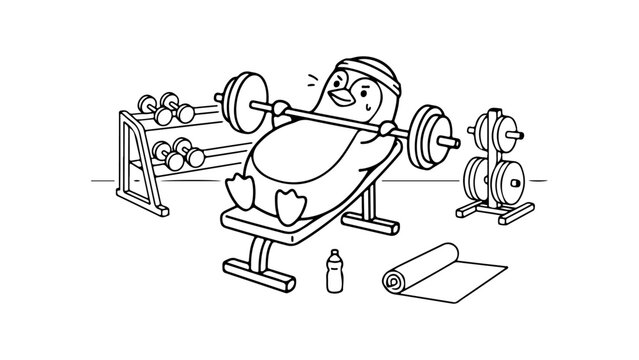 cute Linux penguin bench press cartoon working out with weights in a gym setting for fitness, Linux training, linux powering up simple line art vector illustration