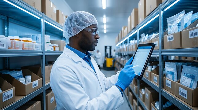 Man in lab coat, gloves, hair net reviewing tablet computer in aisle of warehouse with shelves full of boxes pharmaceutical products and medical supplies.