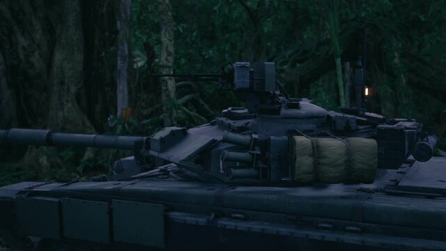 Armored vehicle silent insertion into woodland at low light, hull and turret partially hidden by leaves, tactical mood with soft reflections on metal