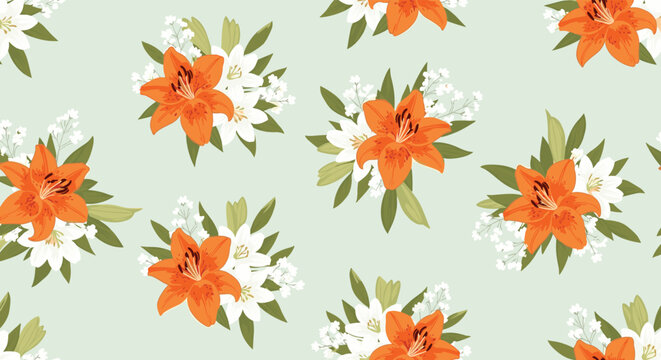 Beautiful seamless pattern of orange and white lily bouquets with green leaves and small white flowers on a light background.