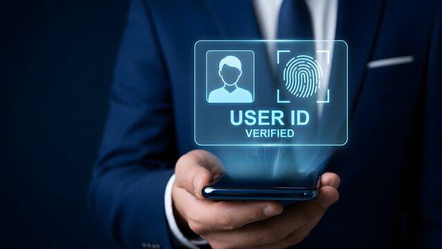 Secure online identity verification concept with holographic user ID and fingerprint authentication technology