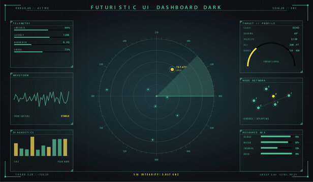 Futuristic space station control panel interface with orbital satellite map vector illustration