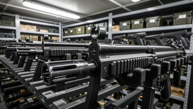 Arsenal of tactical carbines showcased in a well-organized and secure armory facility