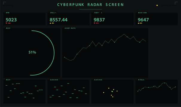 Futuristic target reticle dashboard interface with data visualization charts vector illustration