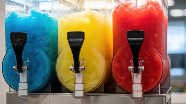 Colorful icy drinks slushies in slush machine for refreshing summer treat delight