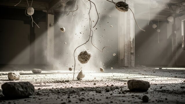Dramatic interior demolition scene featuring falling rocks and dust particles illuminated