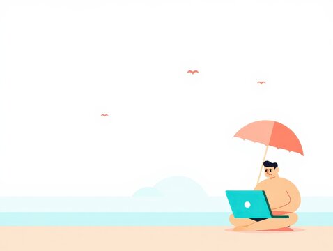 Flat of a man relaxing with a laptop under a large orange umbrella on a sandy beach person