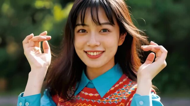 Smiling woman tucking hair in park as breeze lifting strands, posing, wearing teal shirt, red vest
