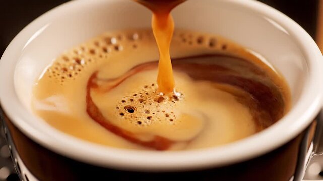 Close-up of espresso pouring into a white and brown cup, creating rich crema and bubbles.