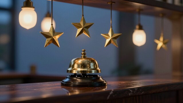 A golden service bell on a wooden counter with hanging star decorations, soft focus background.
