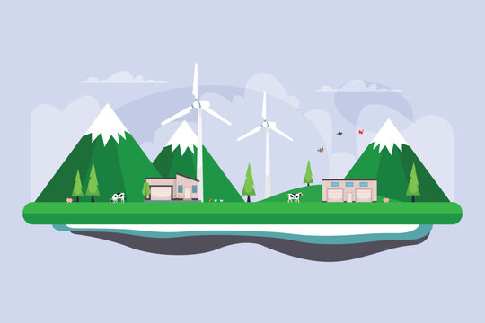 Sustainable Eco-Friendly Landscape with Wind Turbines, Green Mountains, and Farm Animals 2d flat vector illustration