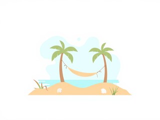 Fototapeta premium Tropical island beach scene with two palm trees and empty hammock hanging between them on sandy shoreline