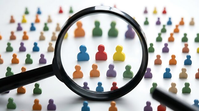 Magnifying glass highlights specific colorful individuals in a varied population symbolizing targeted selection recruitment and focus on unique talents for business success.