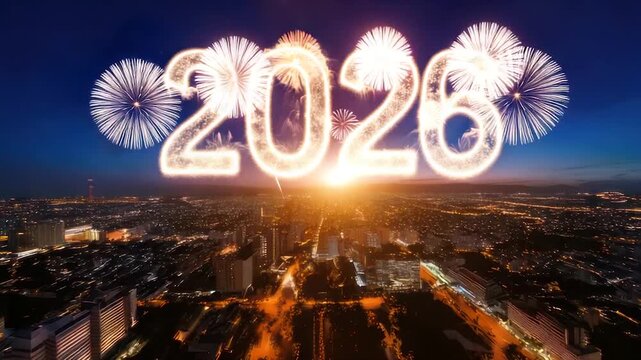 Fireworks display forms "2026" above a cityscape at sunset