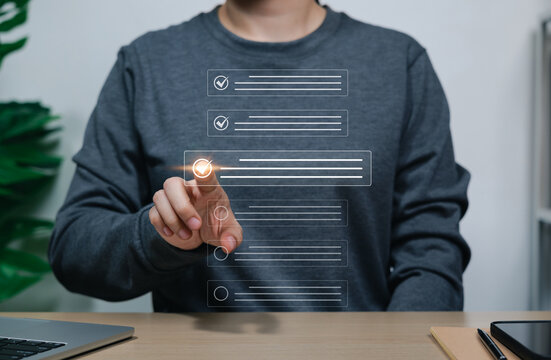 Online assessment and survey concept. Person selecting checklist on questionnaire form, represents online test, quiz, exam, feedback evaluation, data collection, task approval, digital form completion