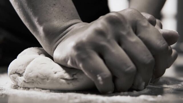 Pressing hands kneading dough for baking on floured work surface in kitchen, showing ring and apron