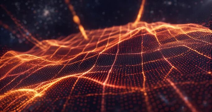 Abstract glowing orange digital grid network on a dark background, representing data flow and technological connections.