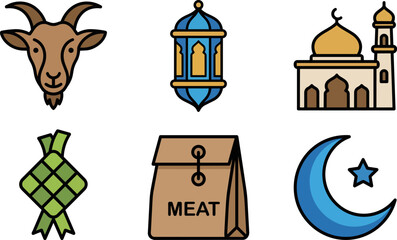 Obraz premium Islamic Icons Collection Featuring Goat, Mosque, Lantern, Ketupat, Meat Bag, and Crescent Moon