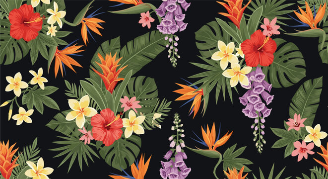 Exotic seamless pattern of mixed tropical floral bouquets with hibiscus, bromeliad, and palm leaves on a dark black background.