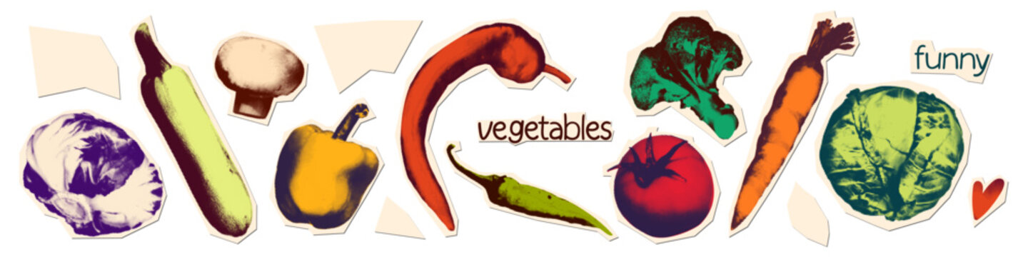 Halftone vegetables set. Duotone zine style collage elements, paper cutouts of tomato, bell pepper, chili, carrot, broccoli, mushroom and cabbage. Modern scrapbook design vector illustration isolated