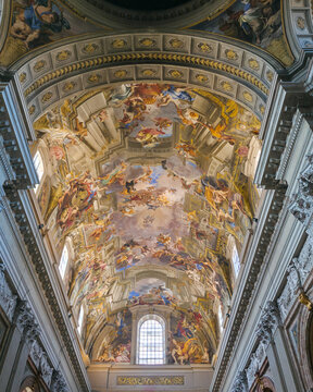 Fresco ceiling of Sant Ignazio Church in Rome by Andrea Pozzo, amazing baroque illusionism and trompe l oeil perspective painting, historical catholic architecture, Italy landmark