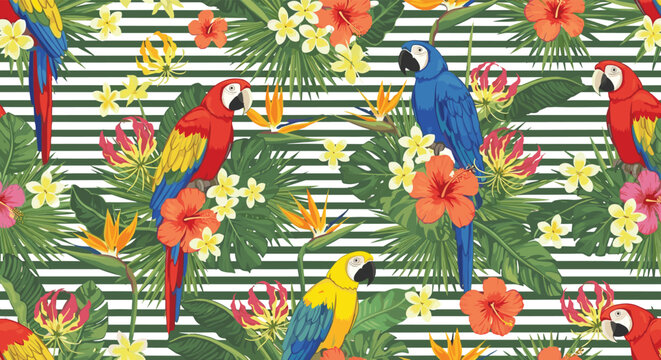 Exotic parrot and tropical flower seamless pattern on a striped background for vibrant summer textile and wallpaper design applications.