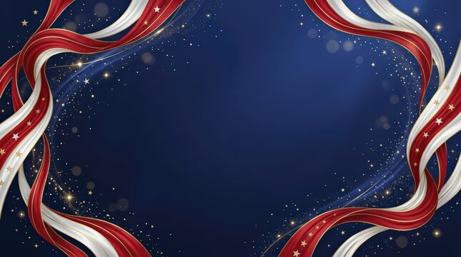 Elegant Patriotic Frame with Woven Red, White, and Gold Ribbons, Adorned with Stars on a Deep Blue Background, Perfect for Celebrations.