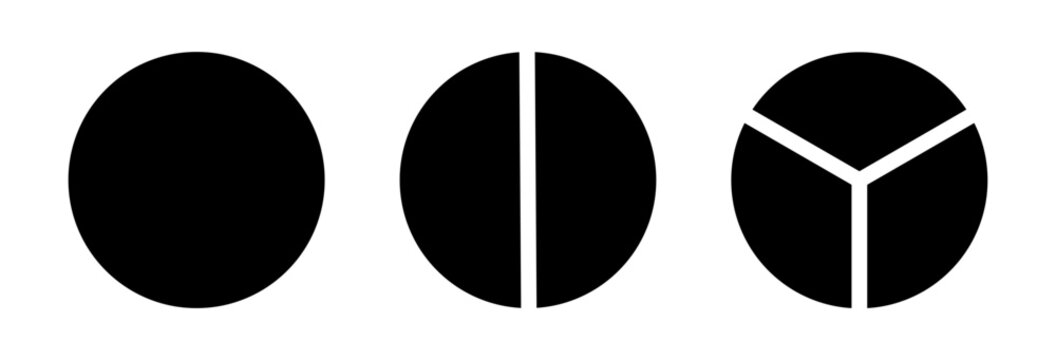Circle division on 1 2 3 equal black parts. Infographic minimalist icons collection. Coaching blank mockup. Pizza or pie chart layout. Wheel round divided diagrams from one to three segments