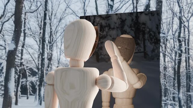 Wooden mannequin hiding reflection in mirror with hand
