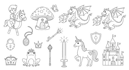 Obraz premium Fantasy fairy tale coloring page elements including a dragon unicorn castle knight on a horse frog prince and a magic mushroom house.