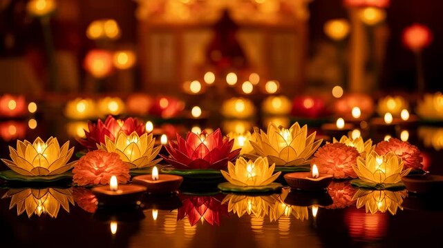 Floating lotus flower lamps on water during festival. Traditional evening ritual with glowing diya oil lamps for prayer. Spiritual light reflection in darkness.
