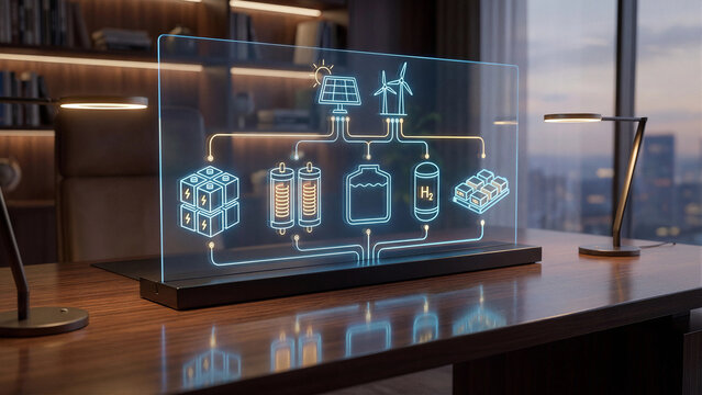 Transparent holographic display on wooden desk with energy storage diagram solar wind battery hydrogen water tank and flywheel long duration storage technology renewable concept scene view