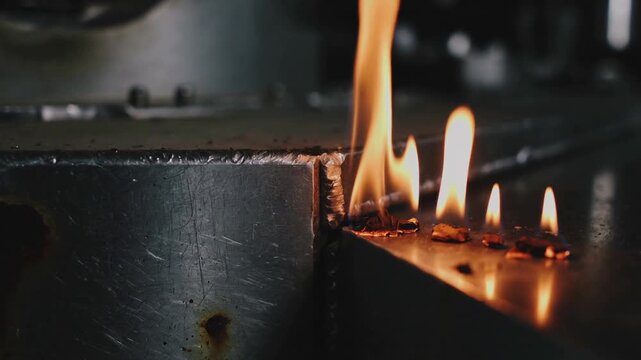 Igniting pellets producing taller central flame and flickering flames on slanted seam, rusted plate