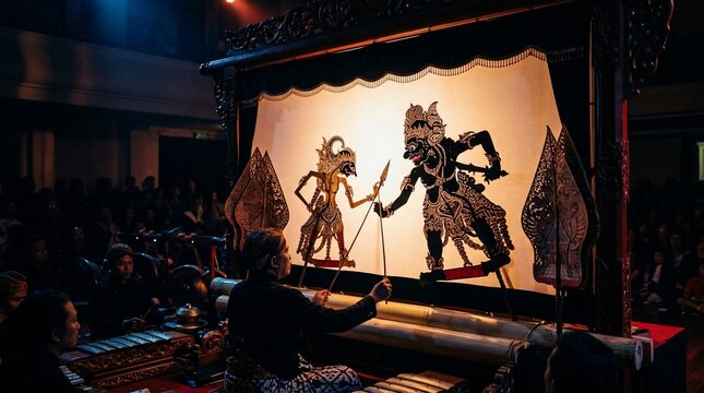 Traditional shadow puppet performance with musician