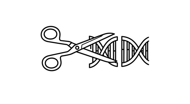 Scissors cutting DNA helix, representing gene editing, genetic engineering, and biotechnology.