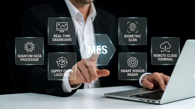 Businessman interacting with modern MES manufacturing execution system interface