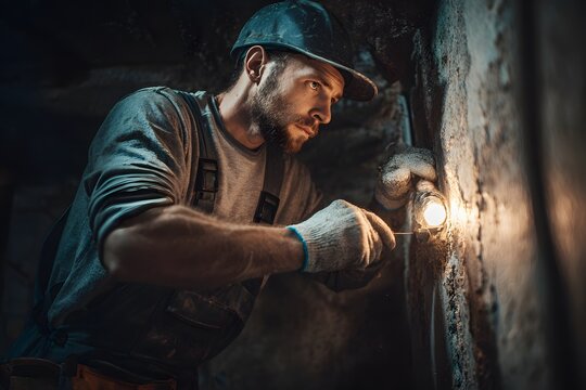 Construction Worker in Hard Hat Using Flashlight to Inspect Wall in Dimly Lit Underground Space