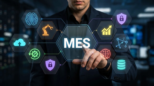 Businessman pointing at MES manufacturing execution system software concept