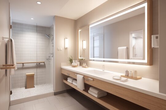 Modern accessible hotel bathroom with grab bars and illuminated mirror