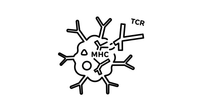 T-cell receptor (TCR) interacting with MHC molecule on cell surface, immunology concept