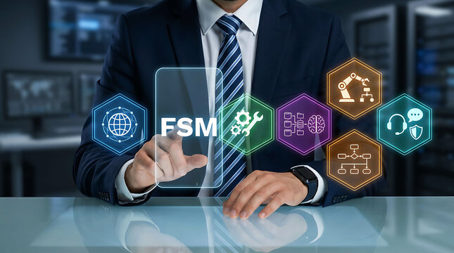 Business manager pointing at FSM text on digital interface screen
