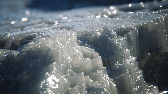 Sliding camera revealing white crystalline formation at studio macro setup, showing glossy droplets