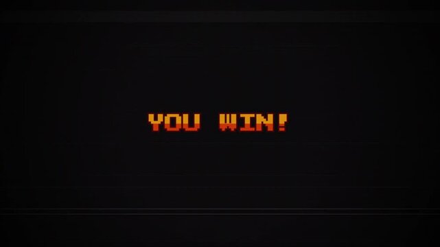 Retro 8-bit YOU WIN! Text Animation on Glitchy CRT Screen, Vintage Arcade Gaming, Pixel Art Success Screen, VHS Static Interference, Nostalgic Game UI 4k video