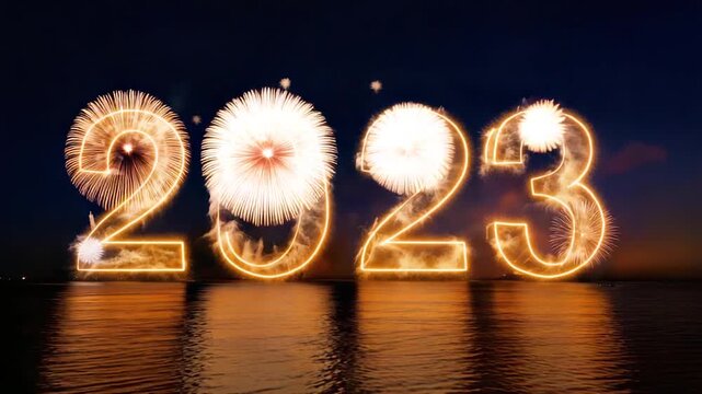 Glowing "2023" with fireworks exploding overhead, reflected in water at dusk